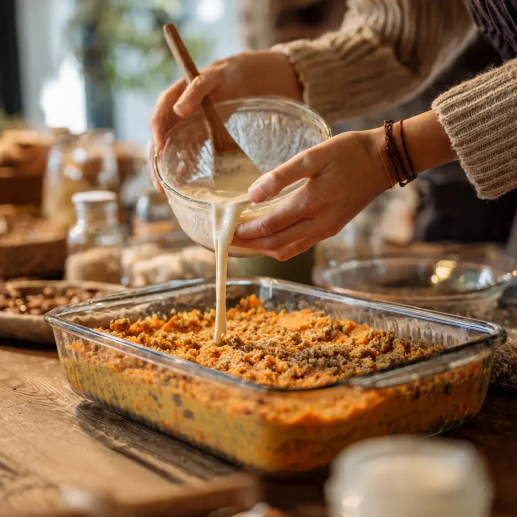 A person pours a creamy mixture over sweet potato casserole filling in a glass baking dish.