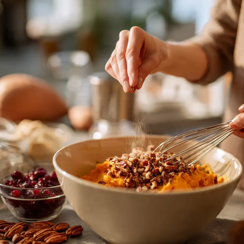 Hands sprinkle chopped pecans into a bowl of mashed sweet potatoes while mixing cranberries and spices.