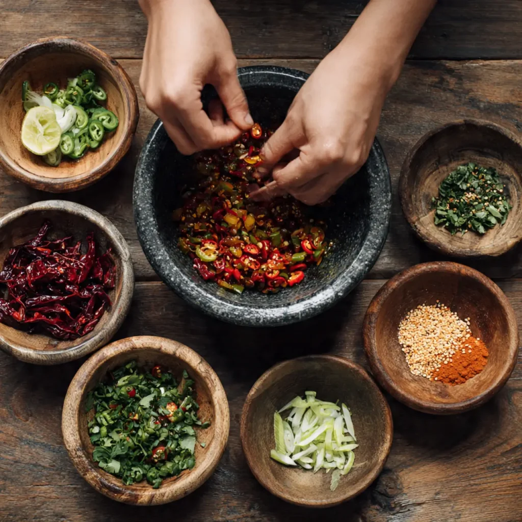 Hands mixing chopped fresh and dried chilies, herbs, and spices in a stone mortar surrounded by small bowls of seasoning.