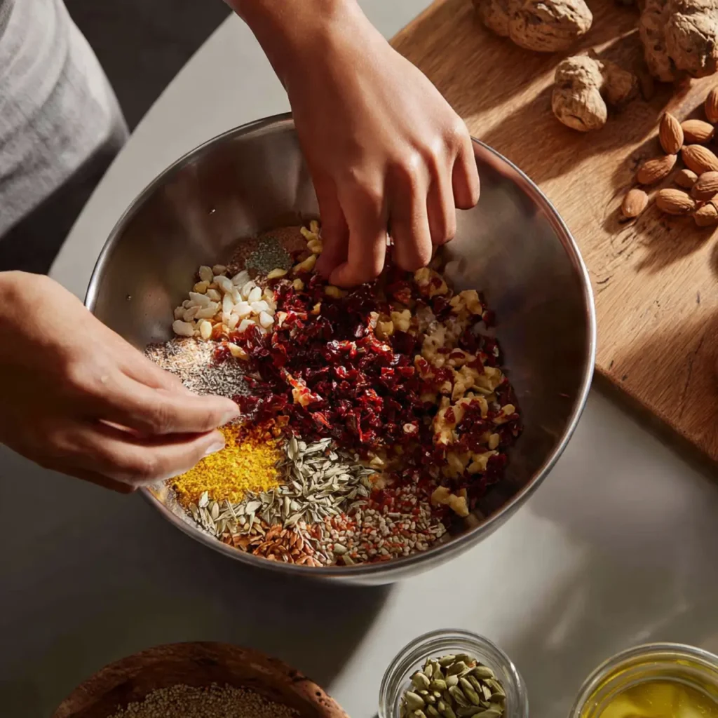 A person mixing dried chilies, seeds, nuts, and spices in a metal bowl surrounded by ingredients on a kitchen counter.