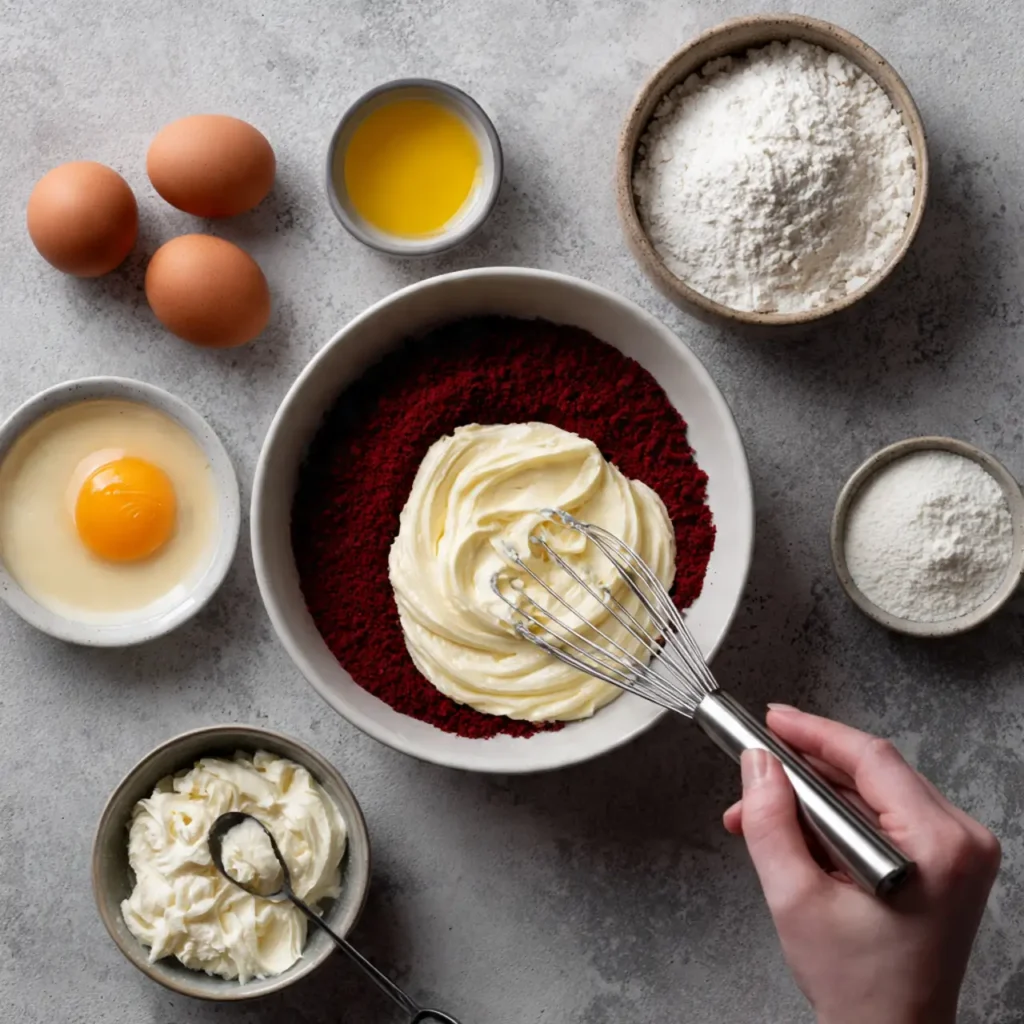 A bowl of red velvet cupcake batter topped with cream cheese mixture, surrounded by bowls of eggs, flour, butter, and sugar.