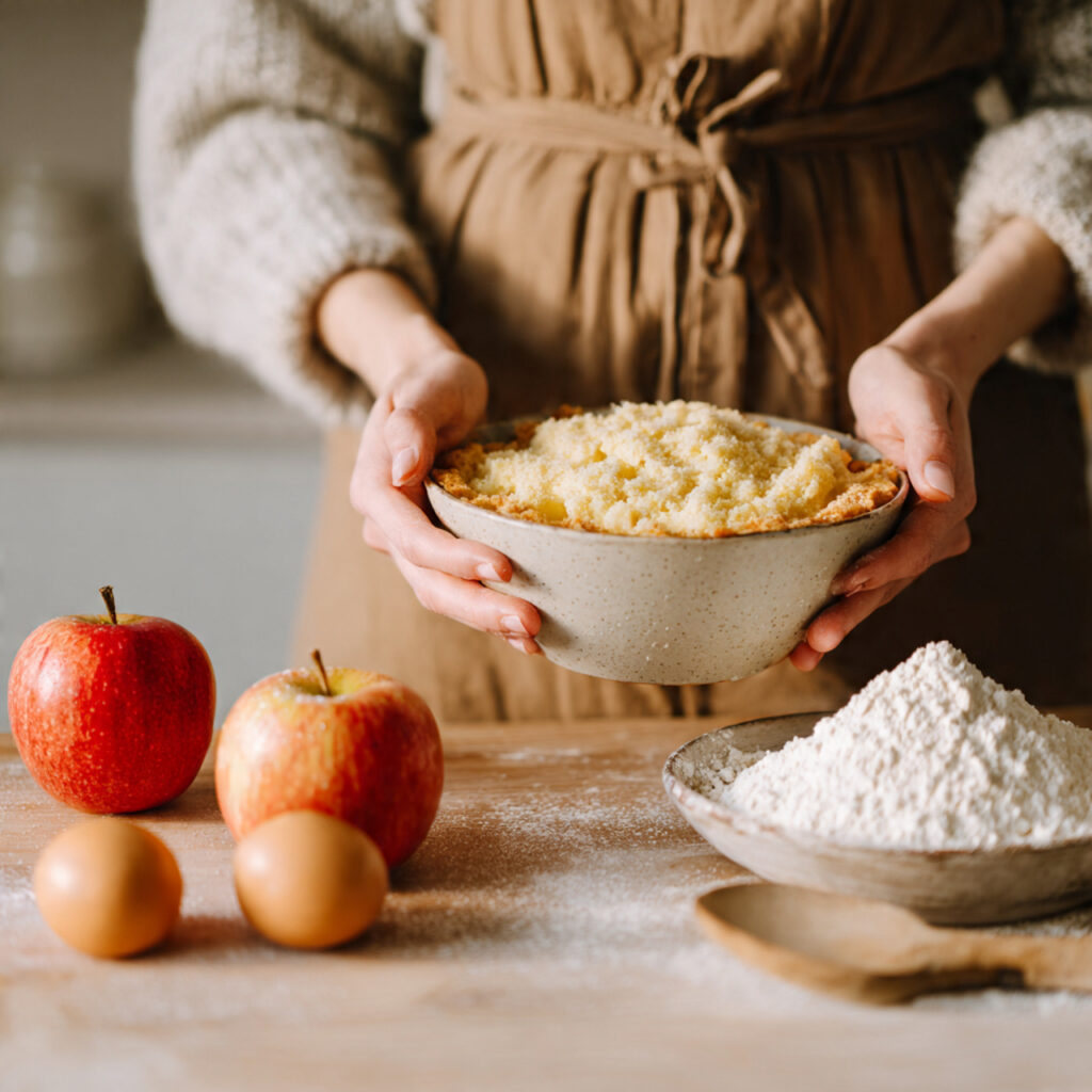 A person holding a bowl of crumble topping in a rustic kitchen setting with apples, eggs, and flour on the counter.