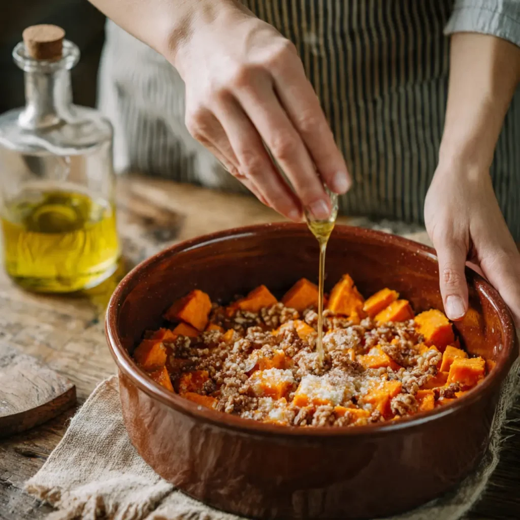 Hands drizzling oil over a sweet potato and crumb mixture in a rustic ceramic baking dish before baking.