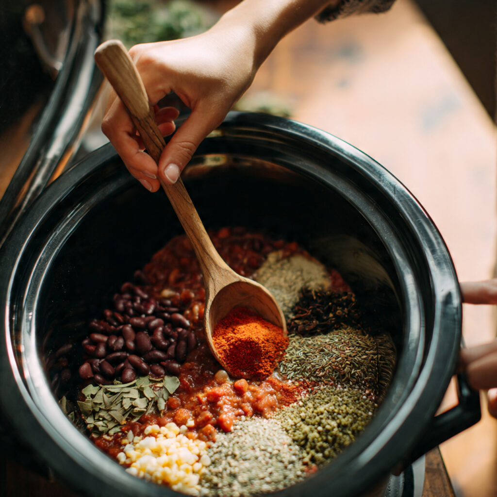 A hand adding red chili powder into a slow cooker filled with beans, tomatoes, and assorted spices.
