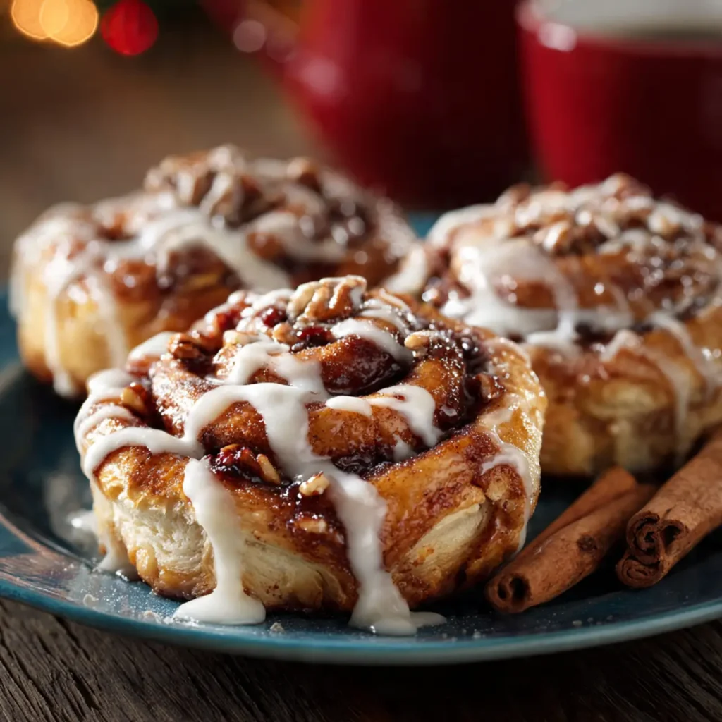 Close-up of iced cinnamon rolls holiday breakfast topped with nuts and cinnamon on a plate.