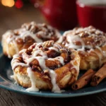 Close-up of iced cinnamon rolls holiday breakfast topped with nuts and cinnamon on a plate.