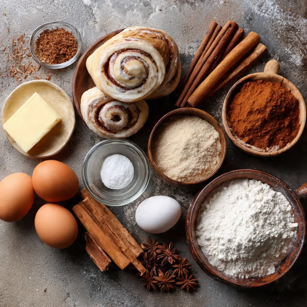Ingredients for cinnamon rolls holiday breakfast including flour, eggs, butter, cinnamon sticks, and sugar on a rustic surface.