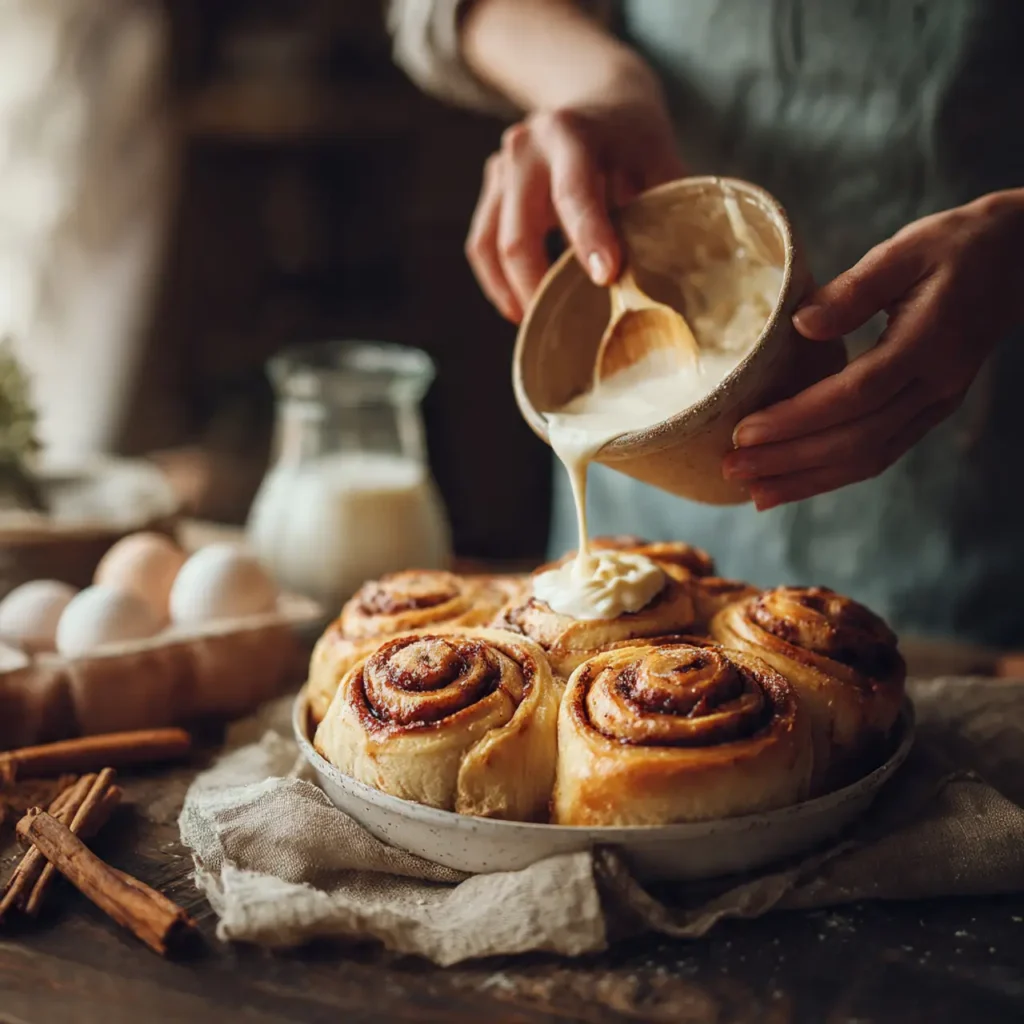 Warm cinnamon rolls holiday breakfast being topped with creamy icing fresh from the oven.