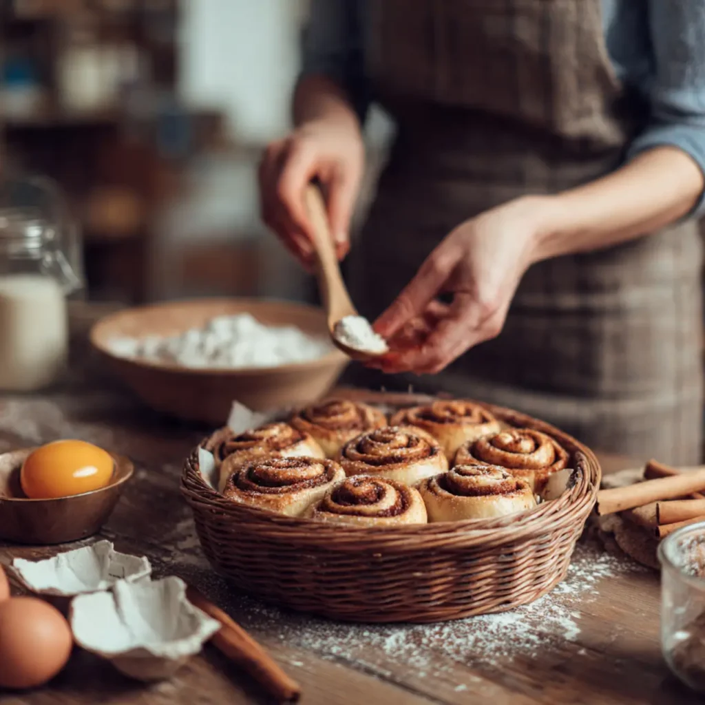 Hands preparing cinnamon rolls holiday breakfast in a baking dish with flour and spices on the table.