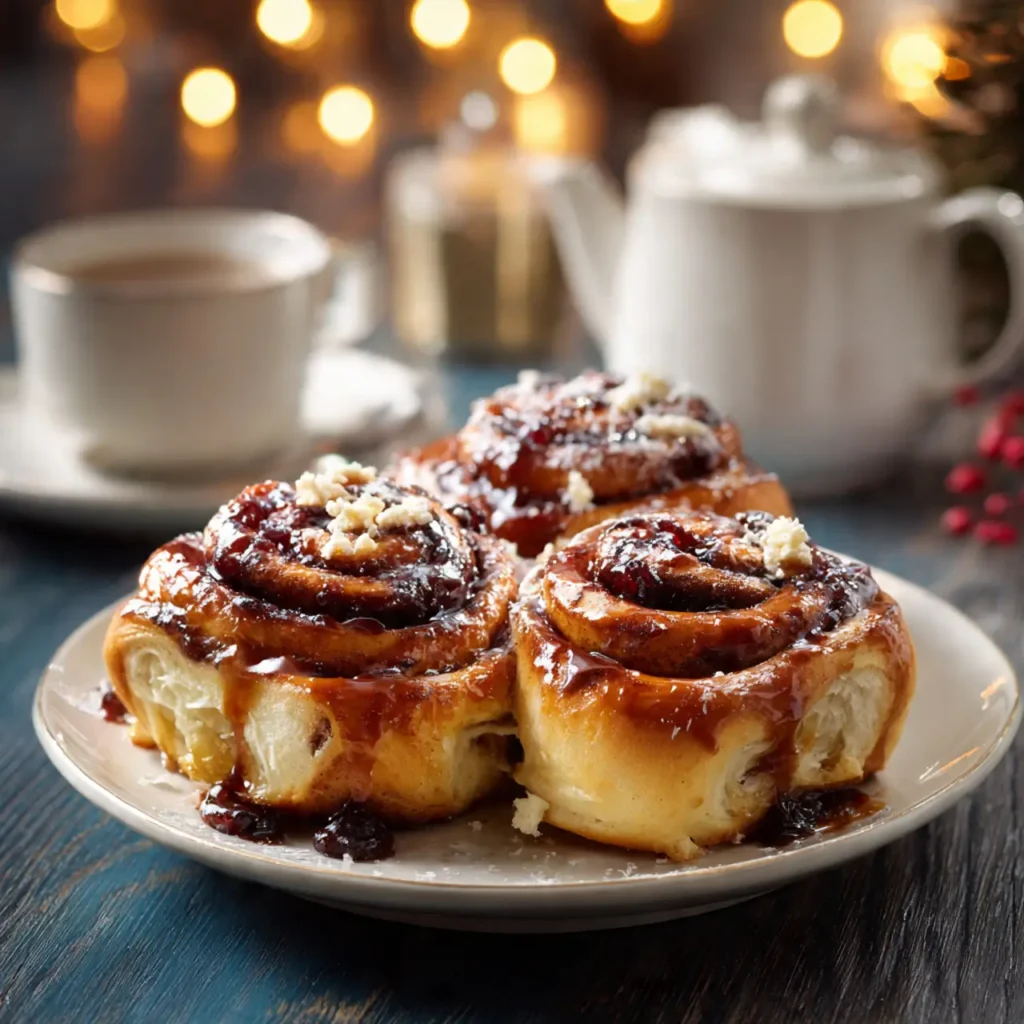 Cinnamon rolls holiday breakfast served with coffee and warm holiday lights in the background.