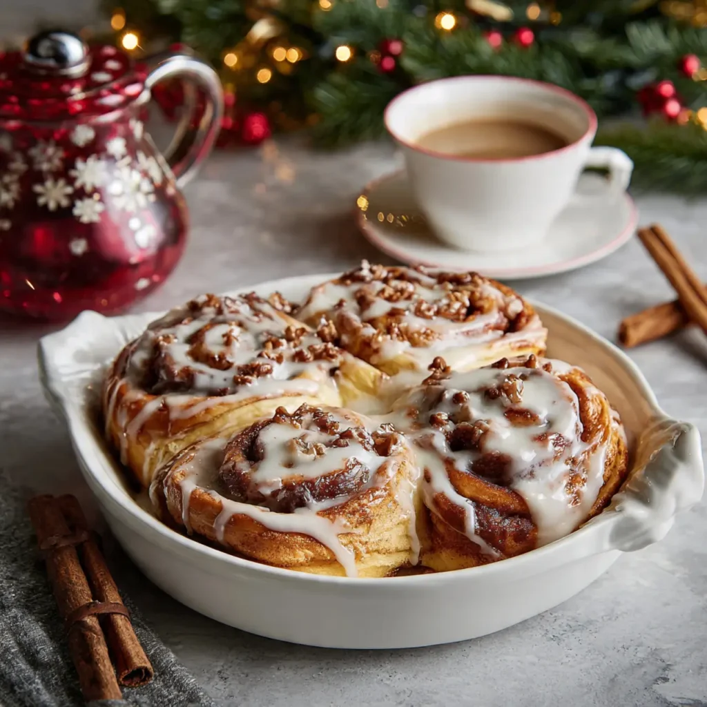 Freshly baked cinnamon rolls holiday breakfast in a white baking dish with icing and cinnamon sticks.