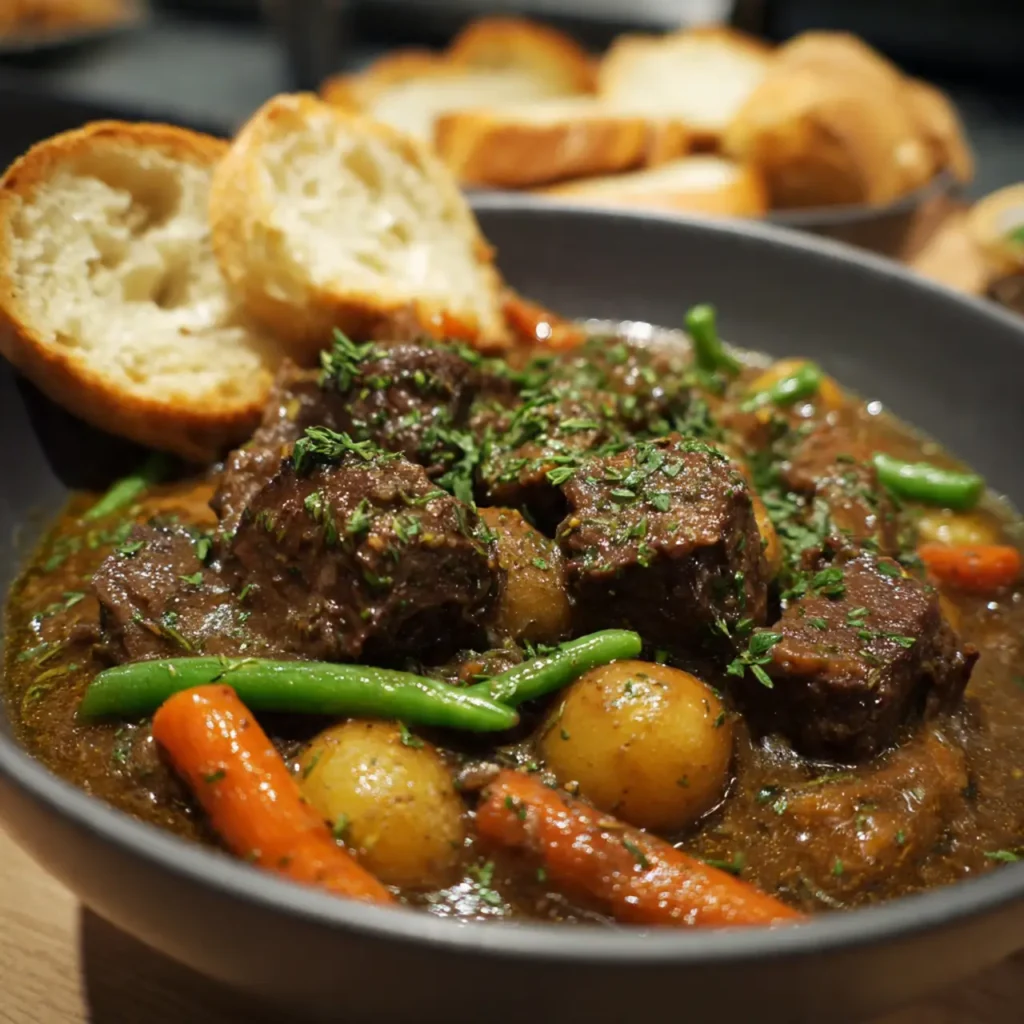 Bowl of classic beef stew with potatoes and carrots served with crusty bread on the side.