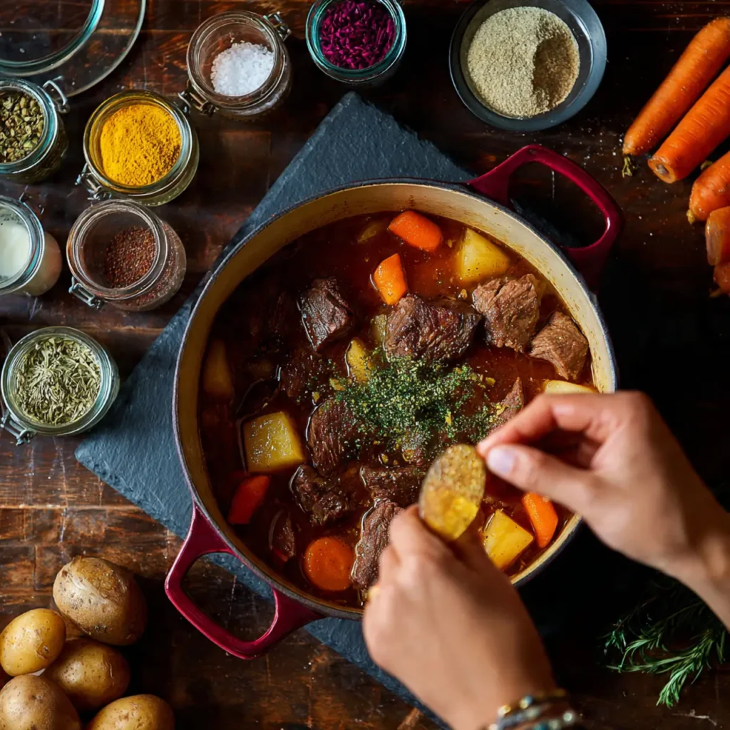 Hands seasoning a pot of beef stew with herbs, carrots, potatoes, and tender beef simmering in rich broth.