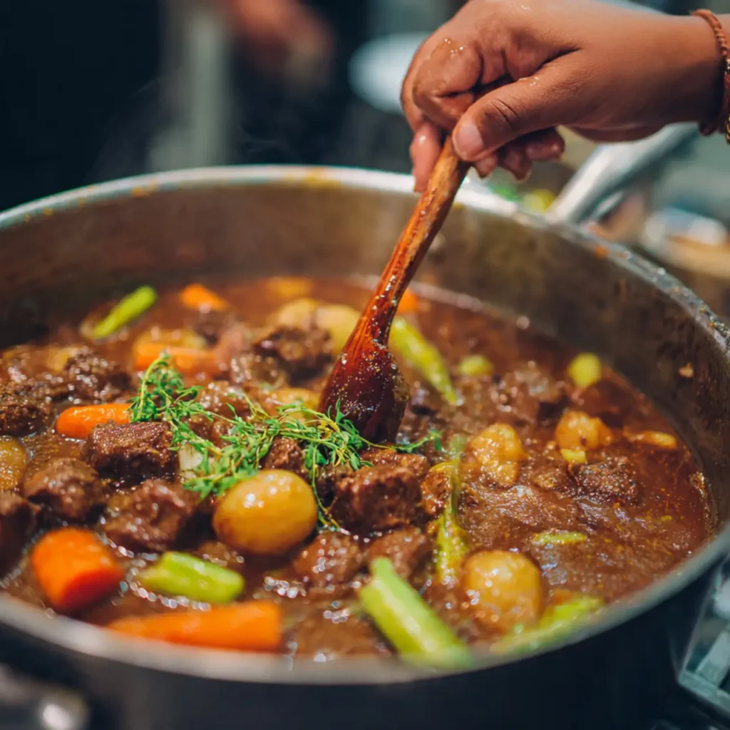 Beef stew simmering in a large pot with carrots, potatoes, and herbs as it is gently stirred.