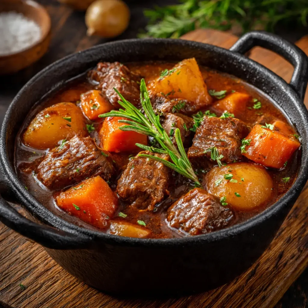 Classic beef stew with tender beef chunks, carrots, and potatoes in a thick savory broth.
