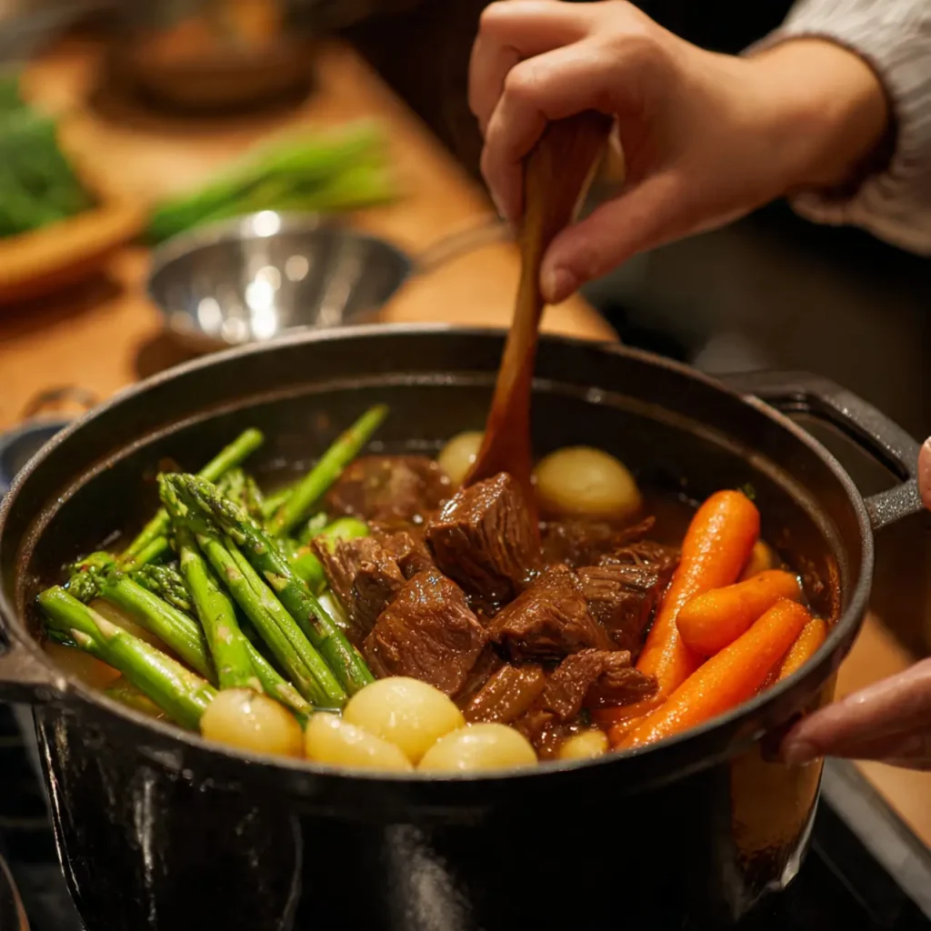 Hand stirring beef stew in a deep pot filled with beef, carrots, potatoes, and green vegetables.