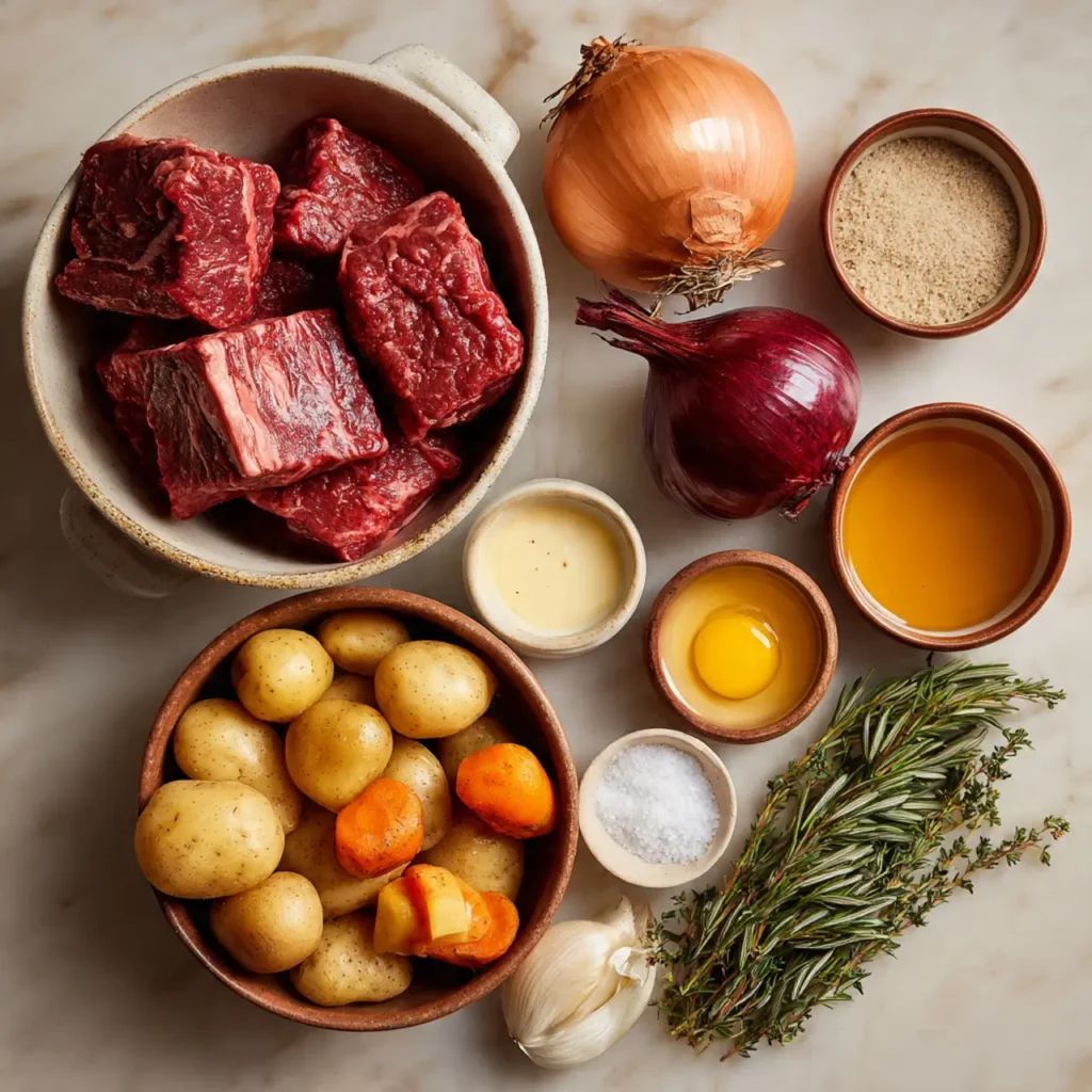 Ingredients for classic beef stew including beef chunks, potatoes, carrots, onions, garlic, herbs, and broth arranged on a light surface.
